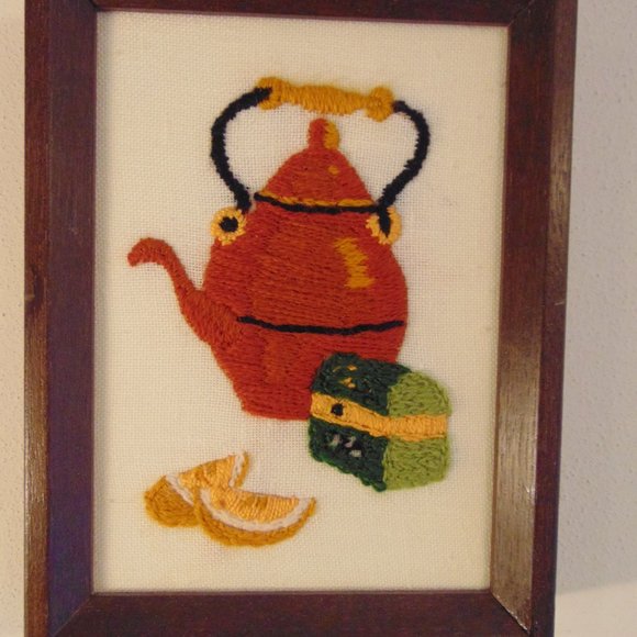 Vintage Tea Kettle and Tea Bag Box, Crewel, Wood Frame, 8x6 - Picture 2 of 5